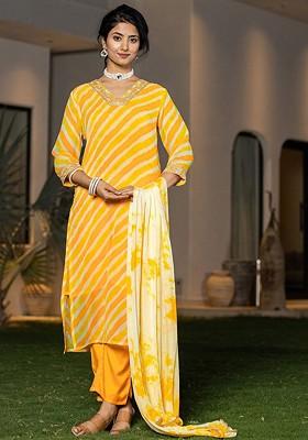 Yellow Embroidered Poly Blend Kurta Set