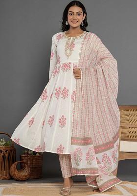 White Floral Print Cotton Kurta Set