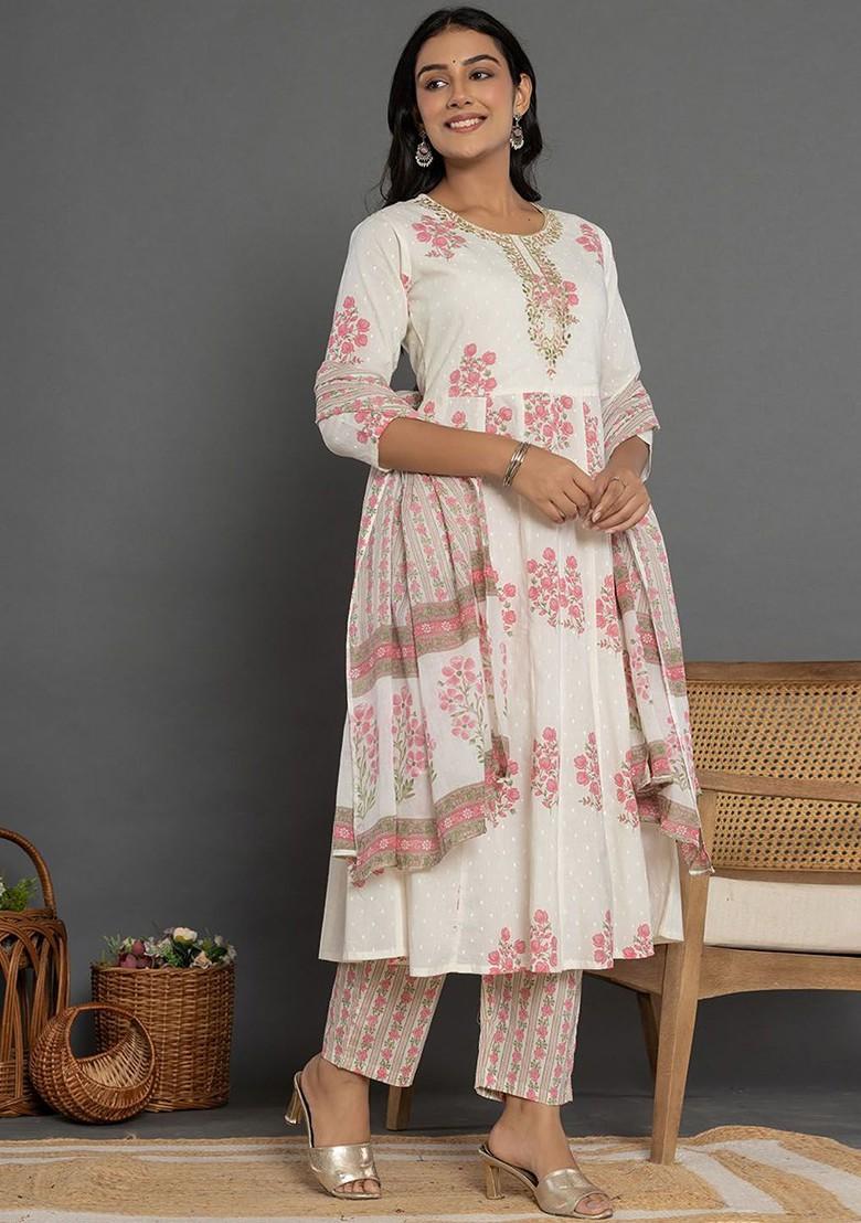 White Floral Print Cotton Kurta Set
