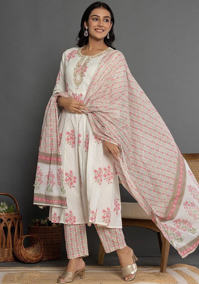 White Floral Print Cotton Kurta Set
