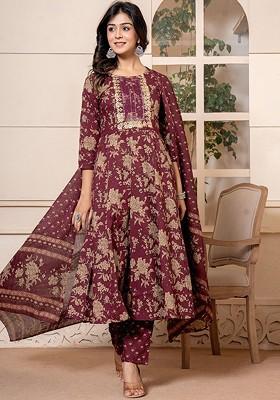 Burgundy Floral Print Cotton Kurta Set