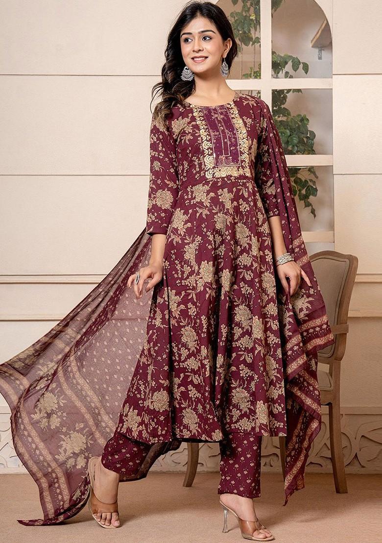 Burgundy Floral Print Cotton Kurta Set