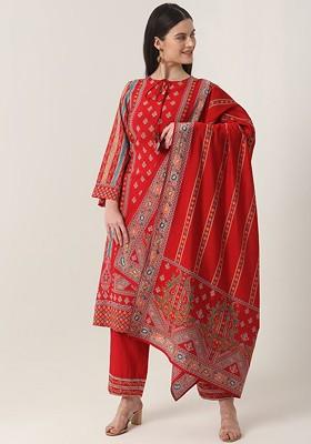 Red Printed Poly Blend Kurta Set