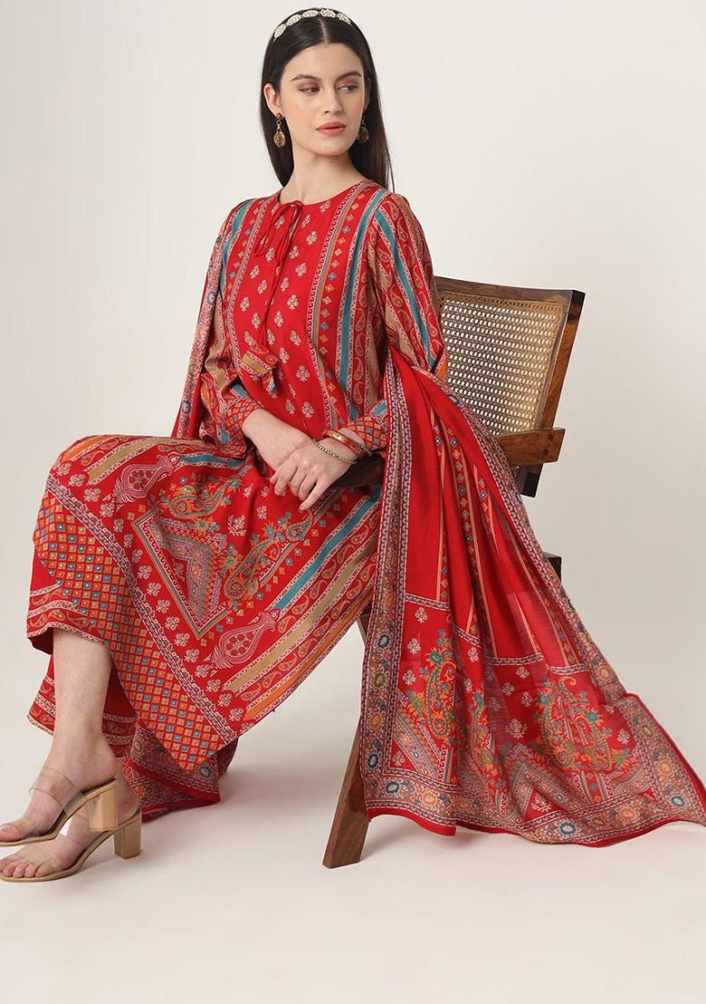 Red Printed Poly Blend Kurta Set