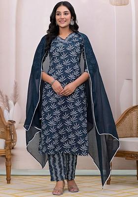 Teal Floral Print Cotton Kurta Set