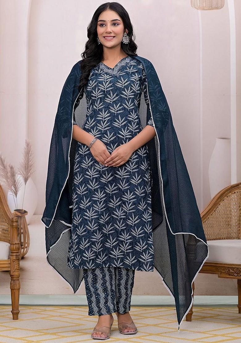 Teal Floral Print Cotton Kurta Set