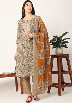 Mustard Floral Print Cotton Kurta Set