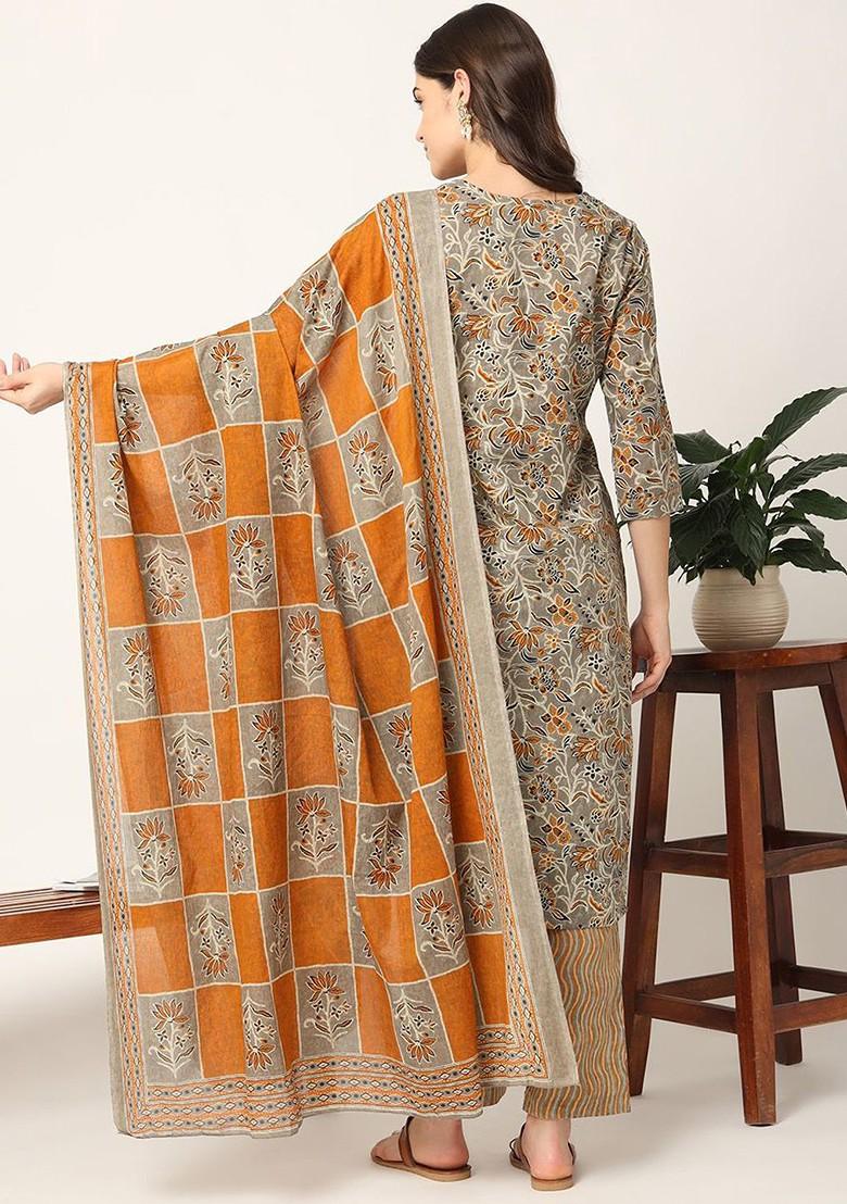 Mustard Floral Print Cotton Kurta Set