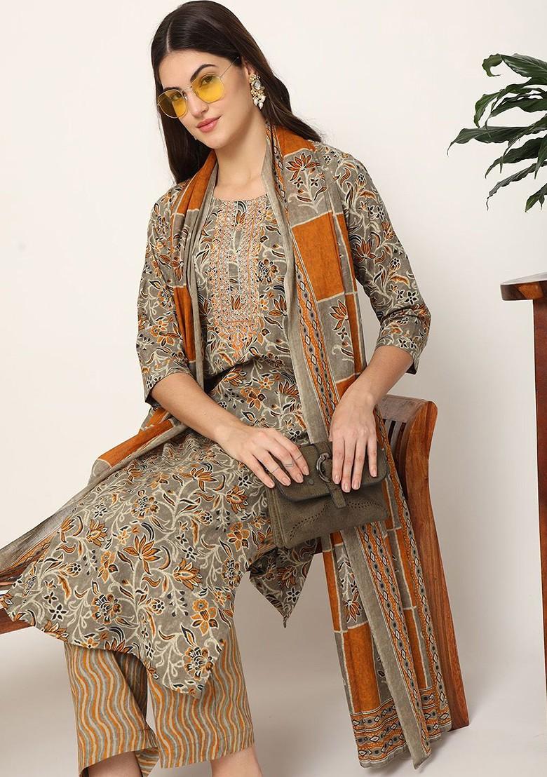 Mustard Floral Print Cotton Kurta Set