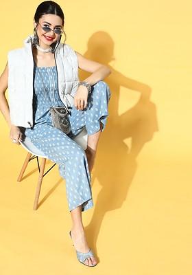 Blue Printed Cotton Jumpsuit