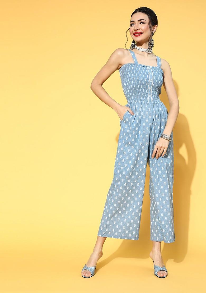 Blue Printed Cotton Jumpsuit