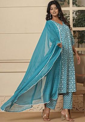 Blue Printed Cotton A Line Kurta Set