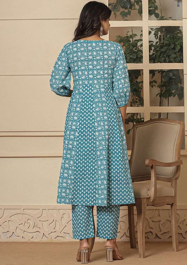Blue Printed Cotton A Line Kurta Set - Indya