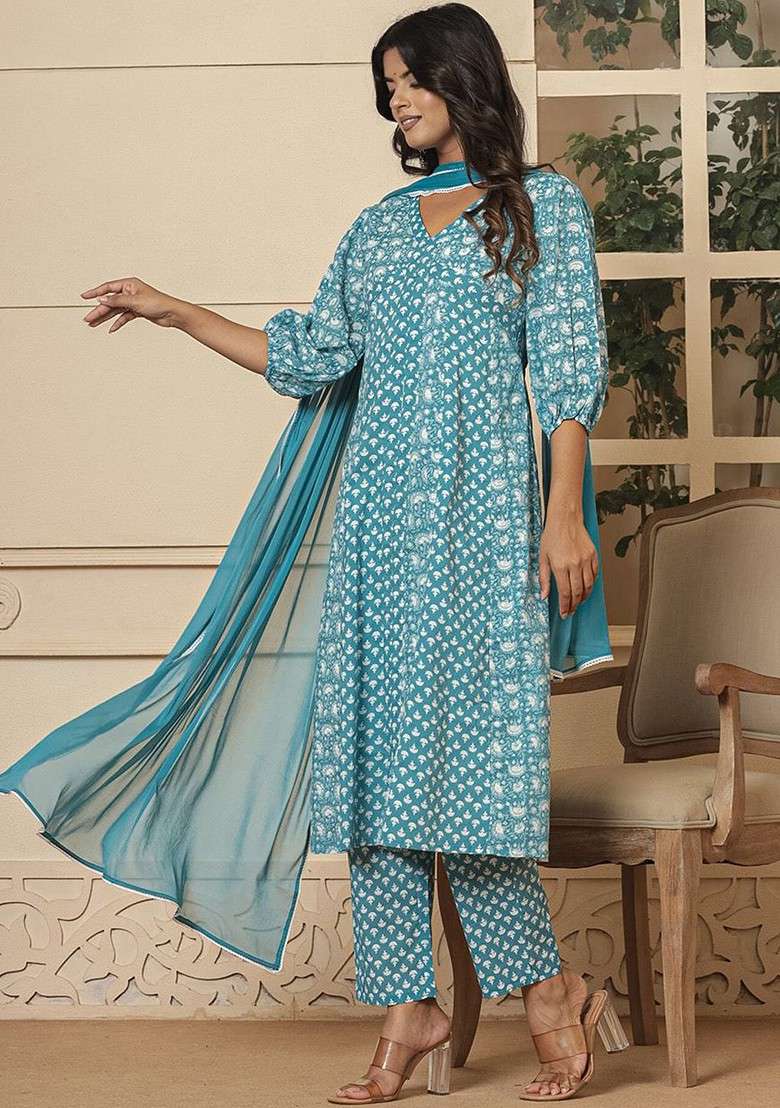 Blue Printed Cotton A Line Kurta Set - Indya