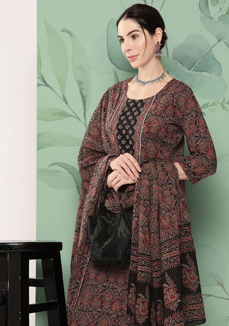 Black Printed Cotton Anarkali Set - Indya
