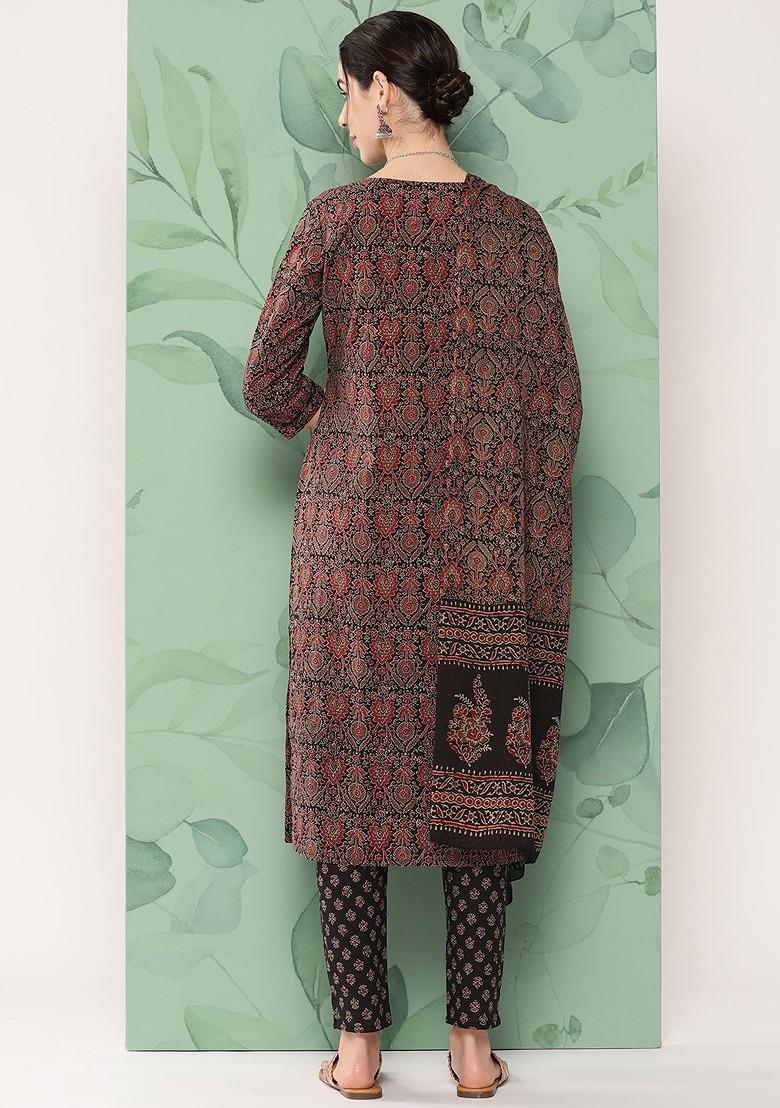 Black Floral Print Cotton Kurta Set