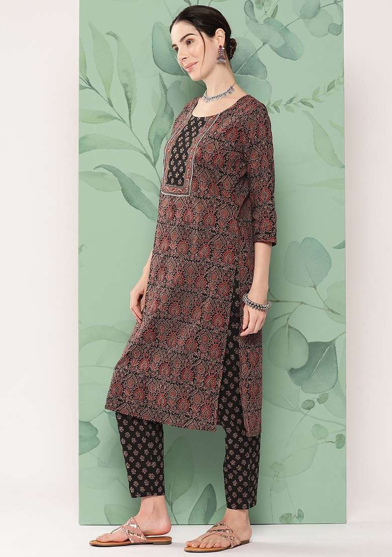 Black Printed Cotton Anarkali Set - Indya