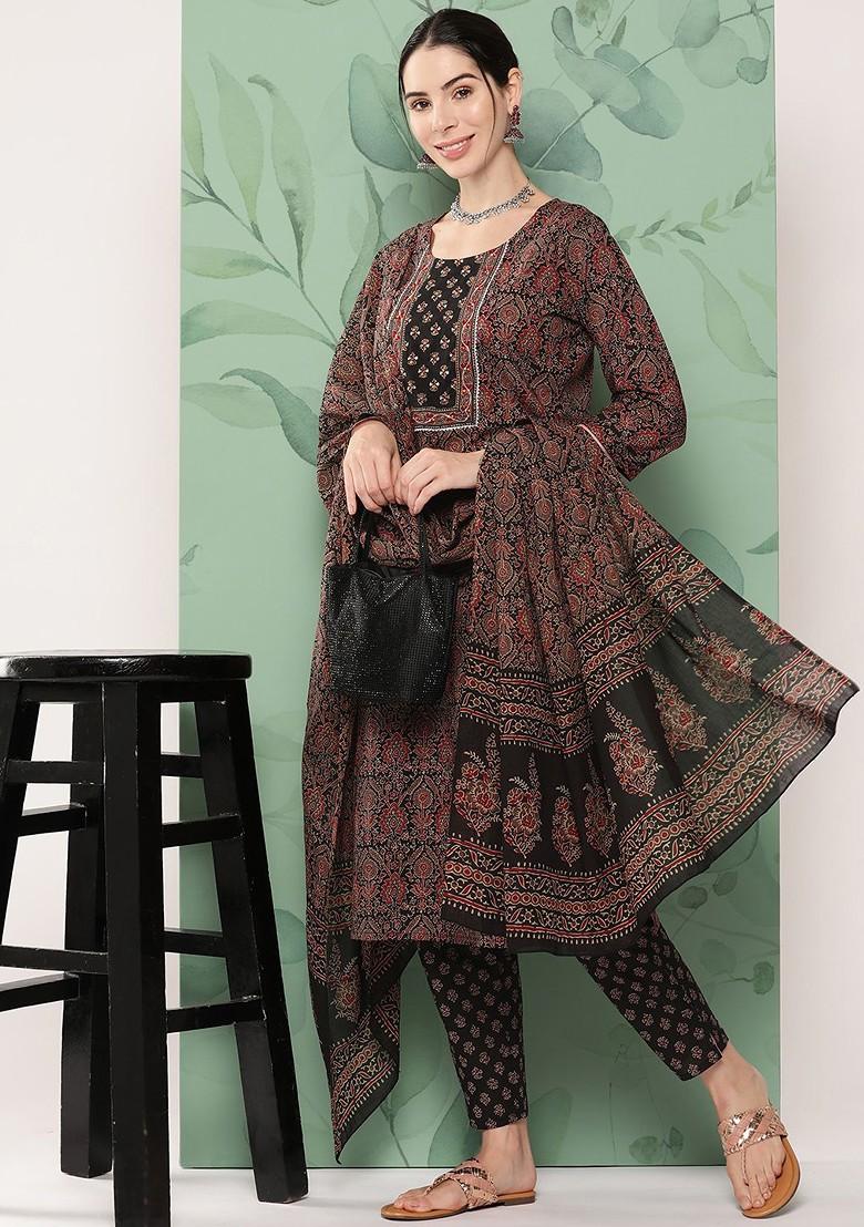 Black Floral Print Cotton Kurta Set