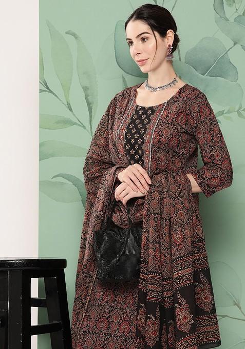 Black Printed Cotton Anarkali Set — view on Indya