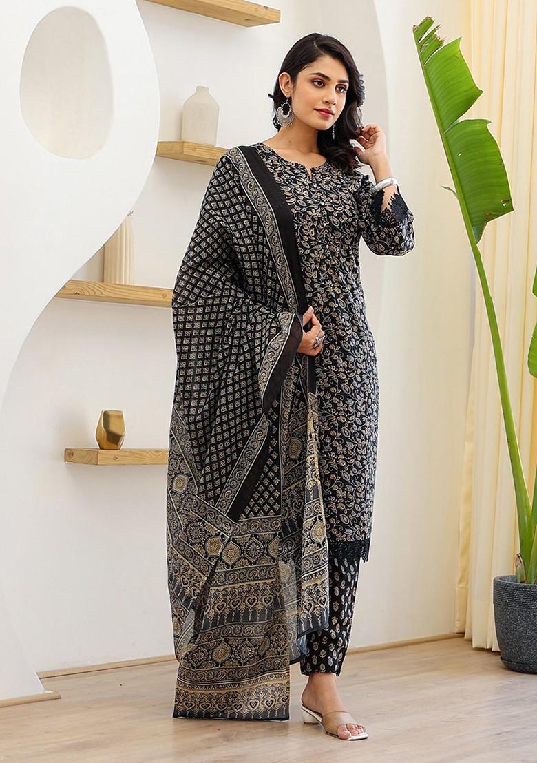 Black Floral Print Cotton Kurta Set
