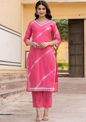 Pink Printed Poly Blend Kurta Set