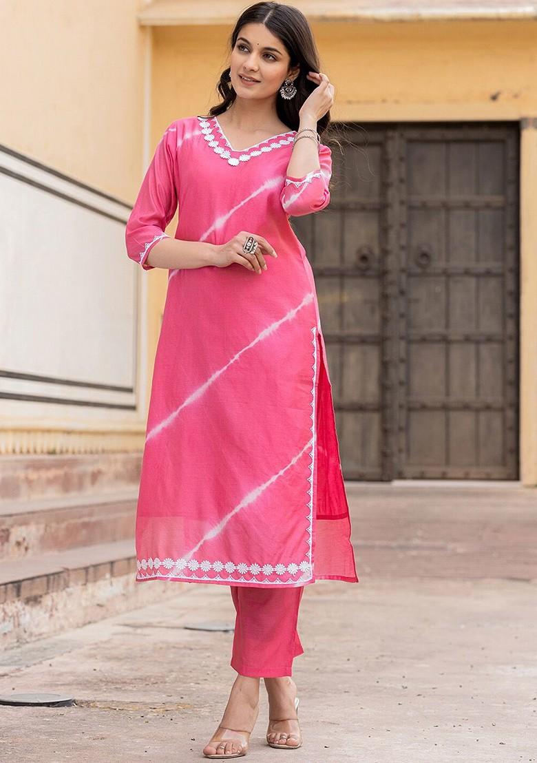 Pink Printed Poly Blend Kurta Set