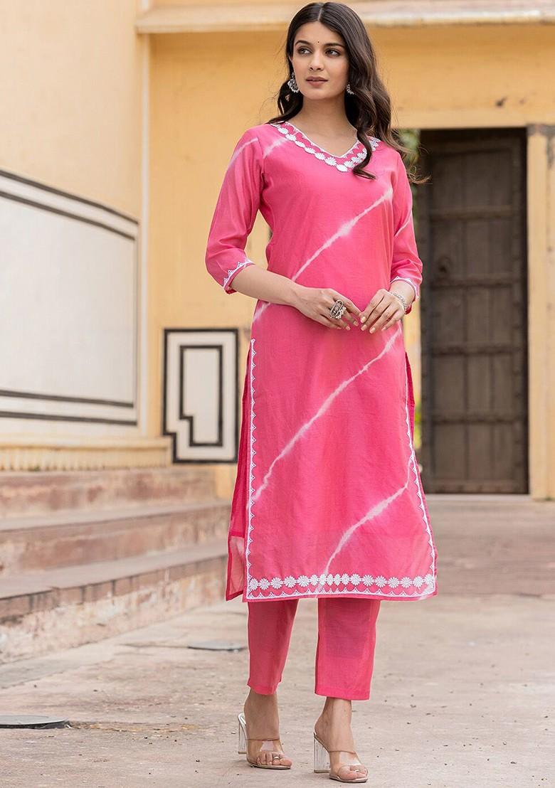 Pink Printed Poly Blend Kurta Set