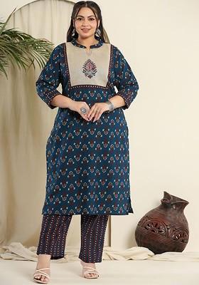 Navy Blue Floral Print Cotton Kurta Set