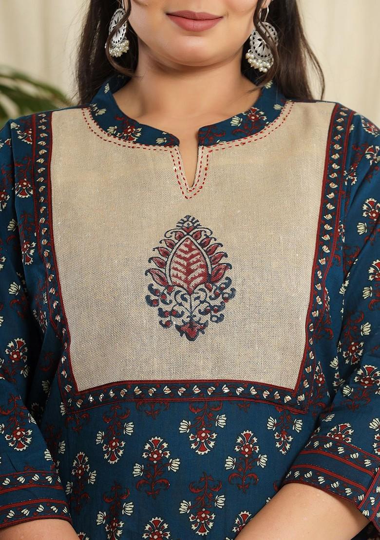 Navy Blue Floral Print Cotton Kurta Set