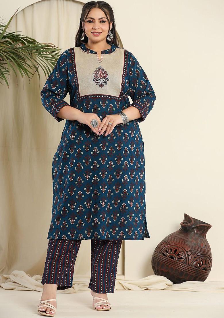 Navy Blue Floral Print Cotton Kurta Set