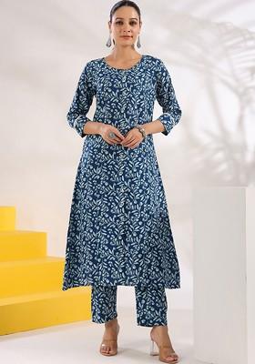 Blue Floral Print Cotton Kurta Set