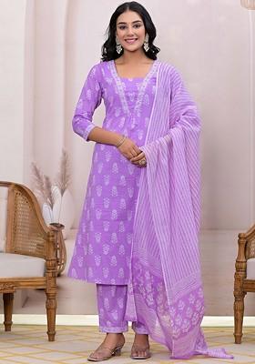 Purple Floral Print Cotton Kurta Set