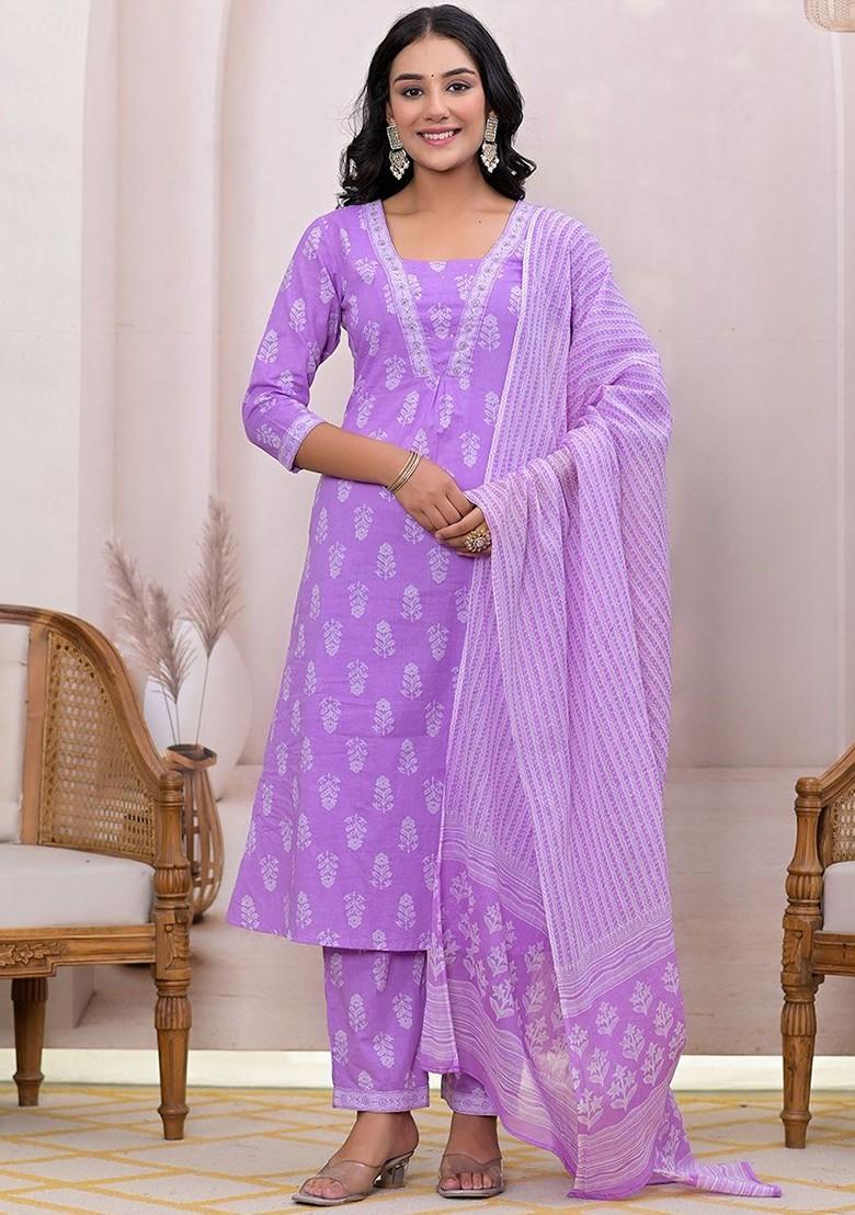 Purple Floral Print Cotton Kurta Set