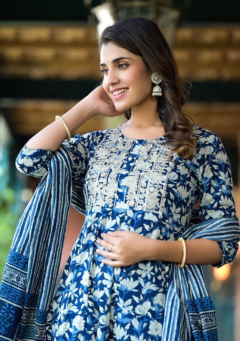 Blue Floral Print Cotton Kurta Set