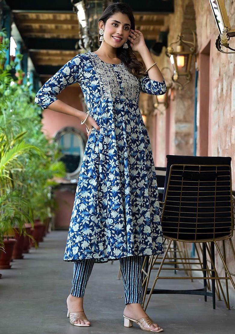 Blue Floral Print Cotton Kurta Set