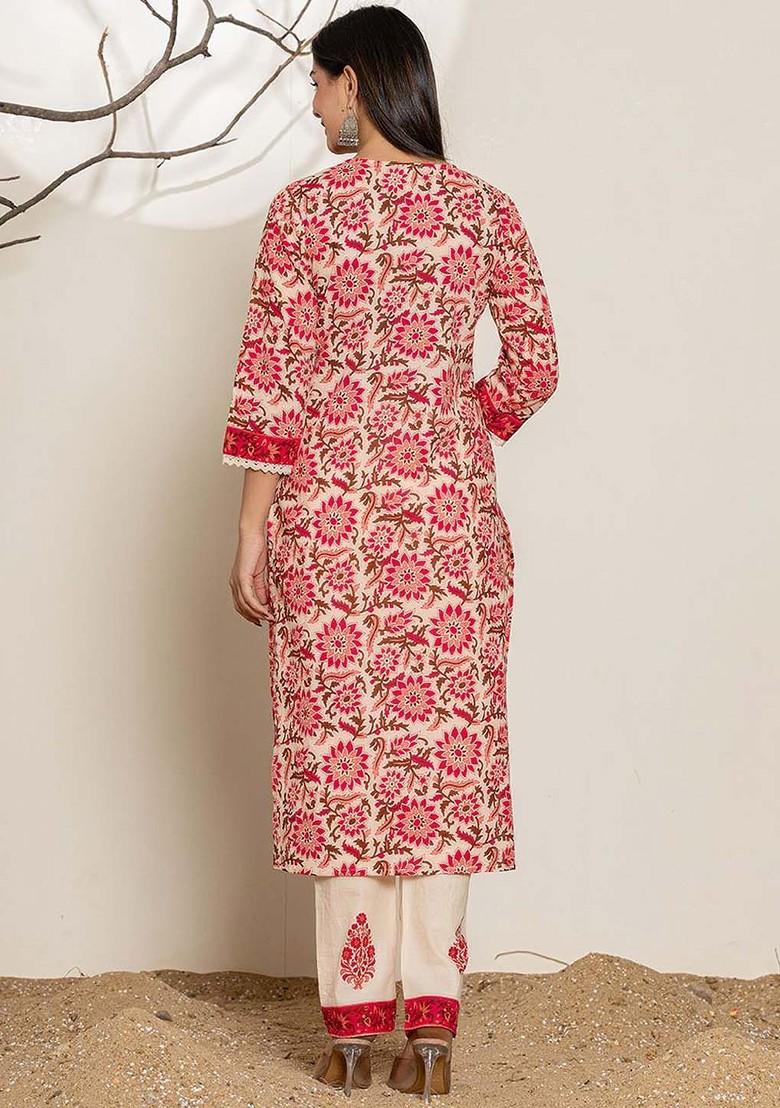 Pink Embroidered Cotton Kurta Set