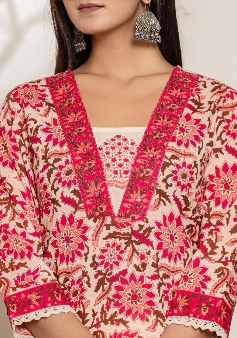 Pink Embroidered Cotton Kurta Set
