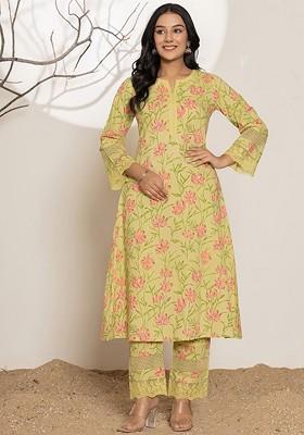 Green Floral Print Cotton Kurta Set