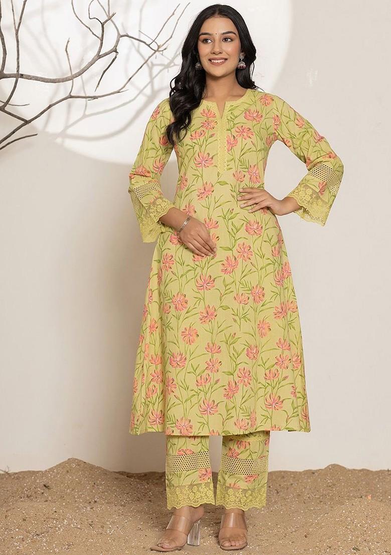 Green Floral Print Cotton Kurta Set