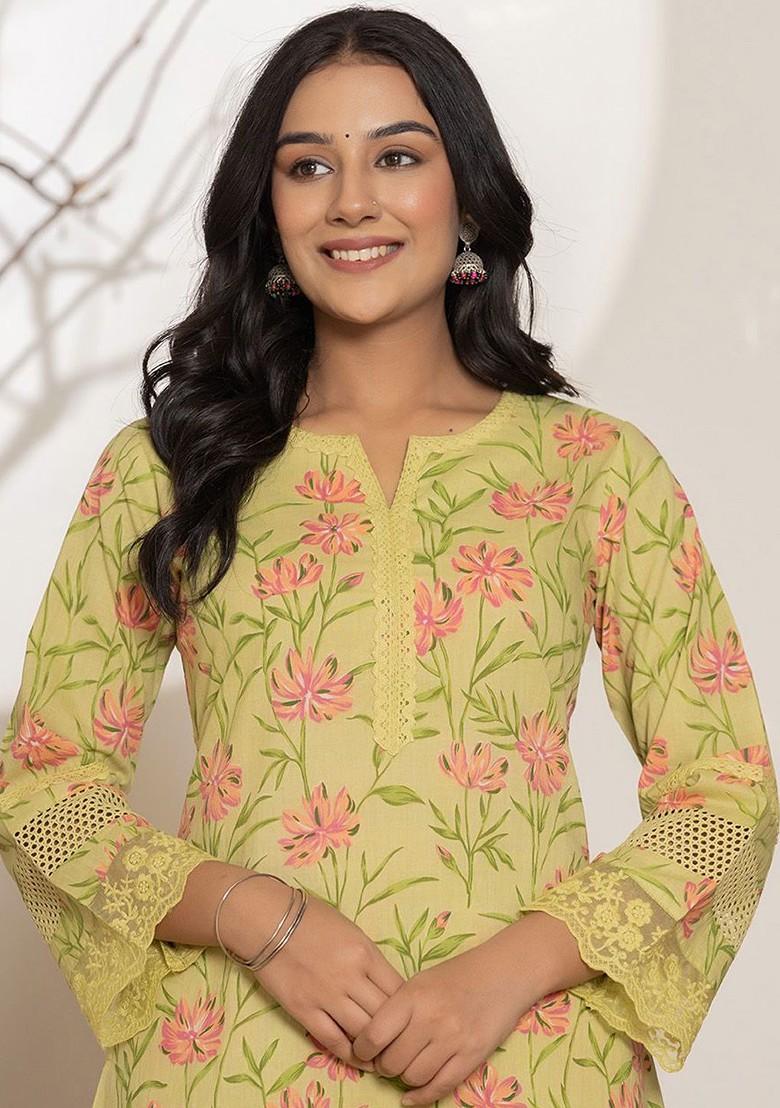 Green Floral Print Cotton Kurta Set