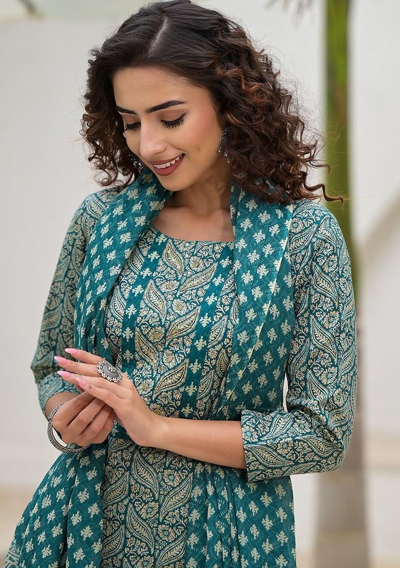 Teal Printed Cotton Kurta Set