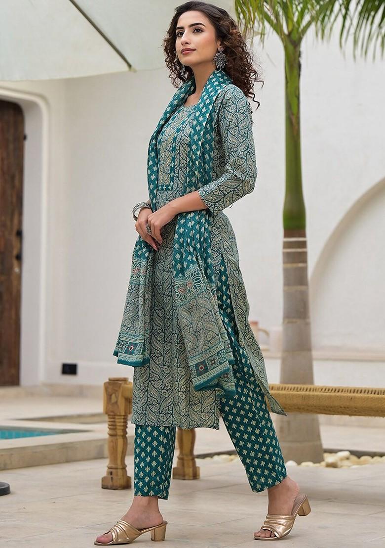 Teal Printed Cotton Kurta Set