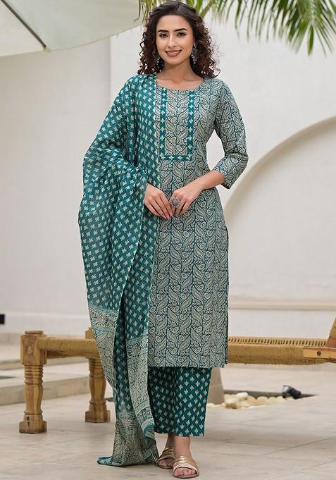 Teal Printed Cotton Straight Kurta Set