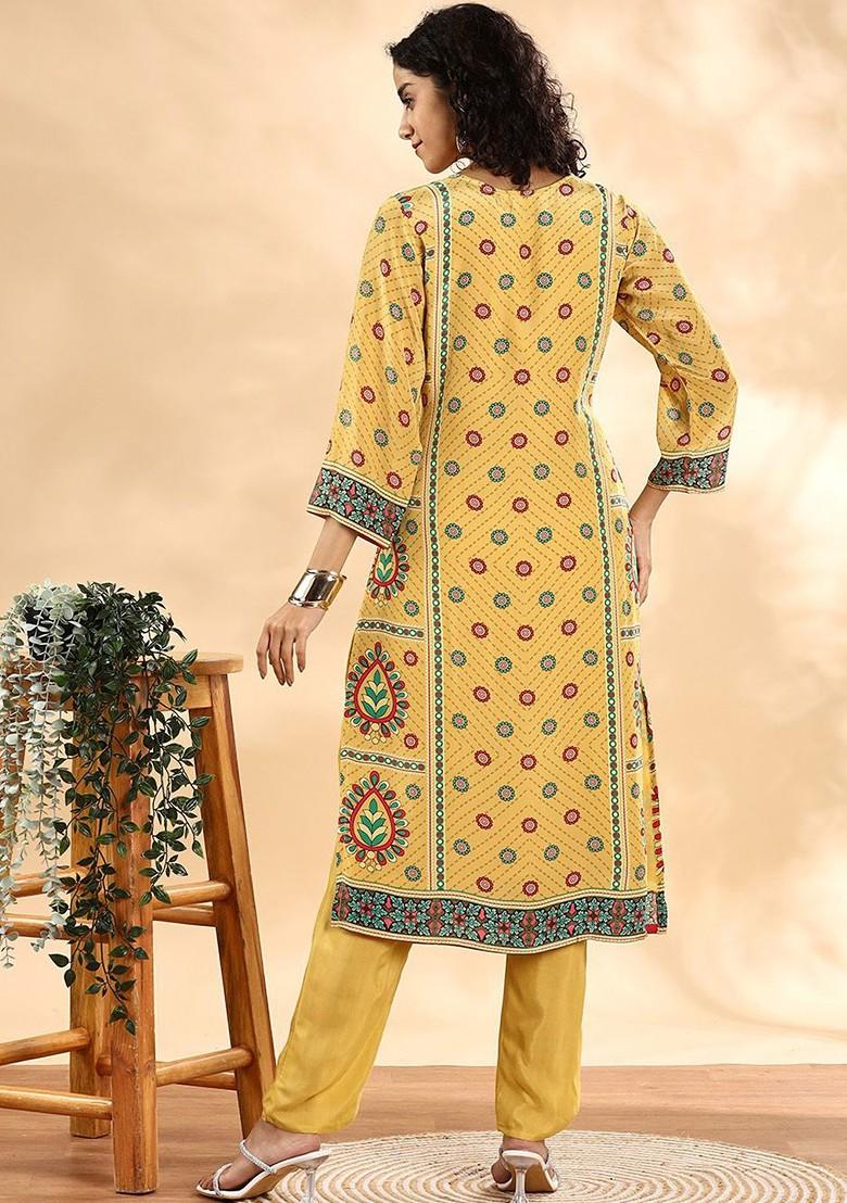 Yellow Floral Print Silk Kurta Set