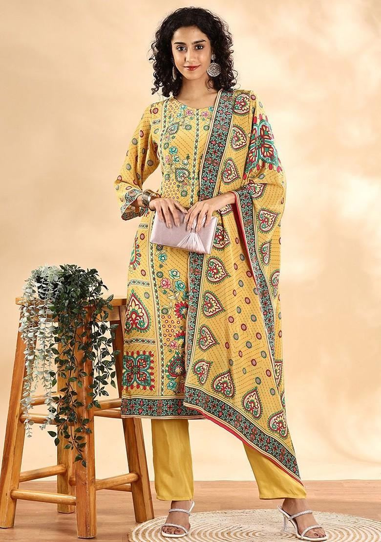 Yellow Floral Print Silk Kurta Set