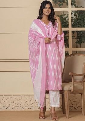 Pink Checked Cotton Kurta Set