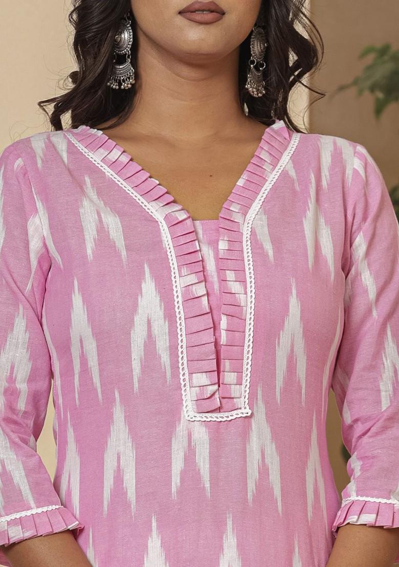 Pink Checked Cotton Kurta Set