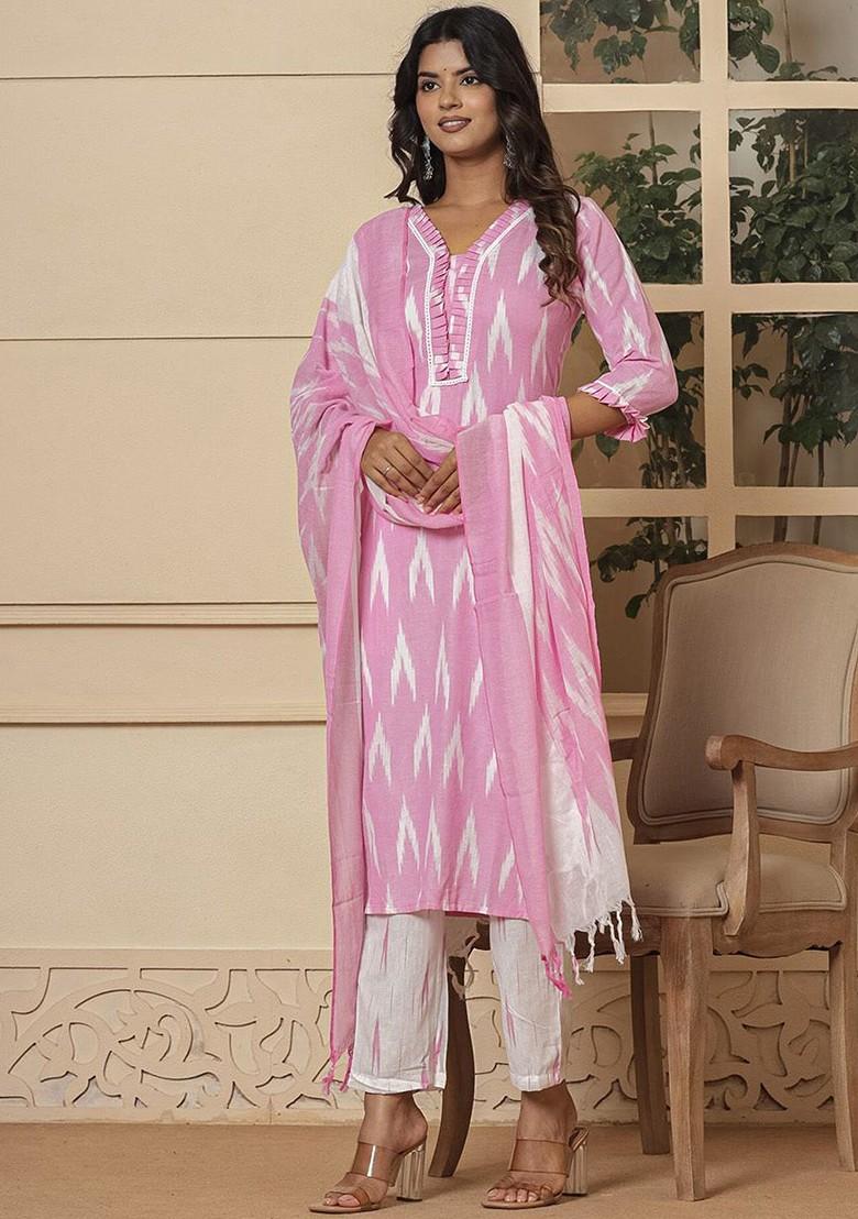 Pink Checked Cotton Kurta Set