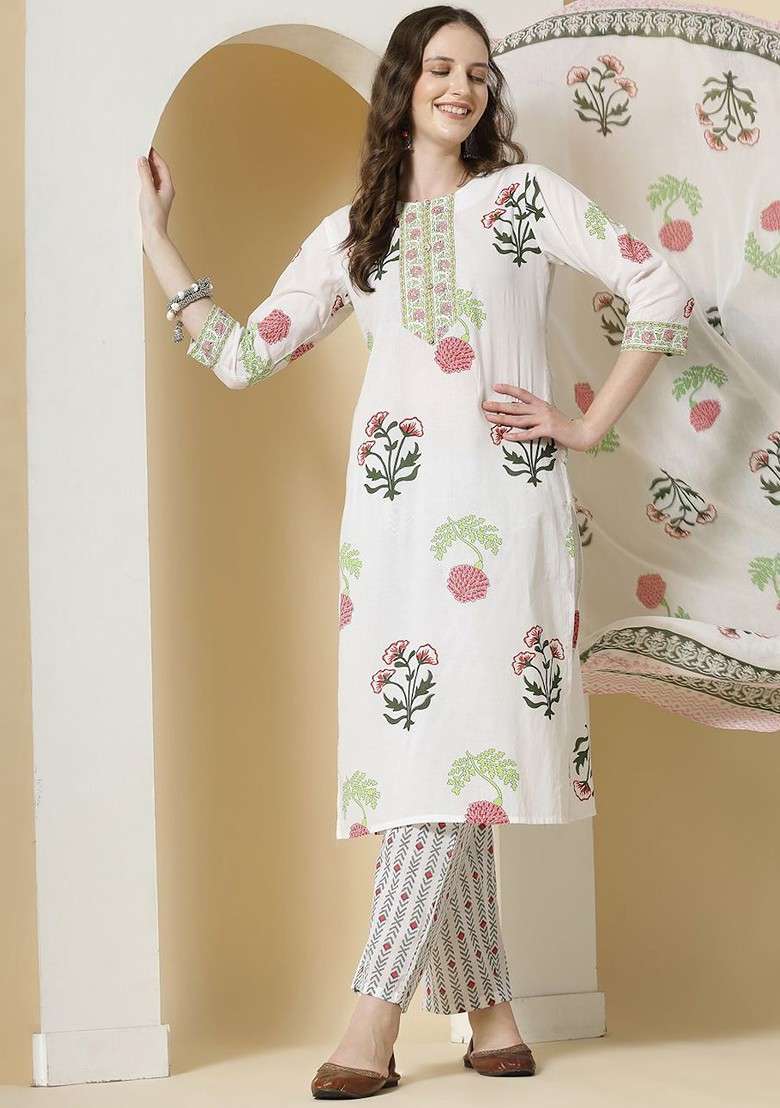 White Embroidered Cotton Straight Kurta Set - Indya