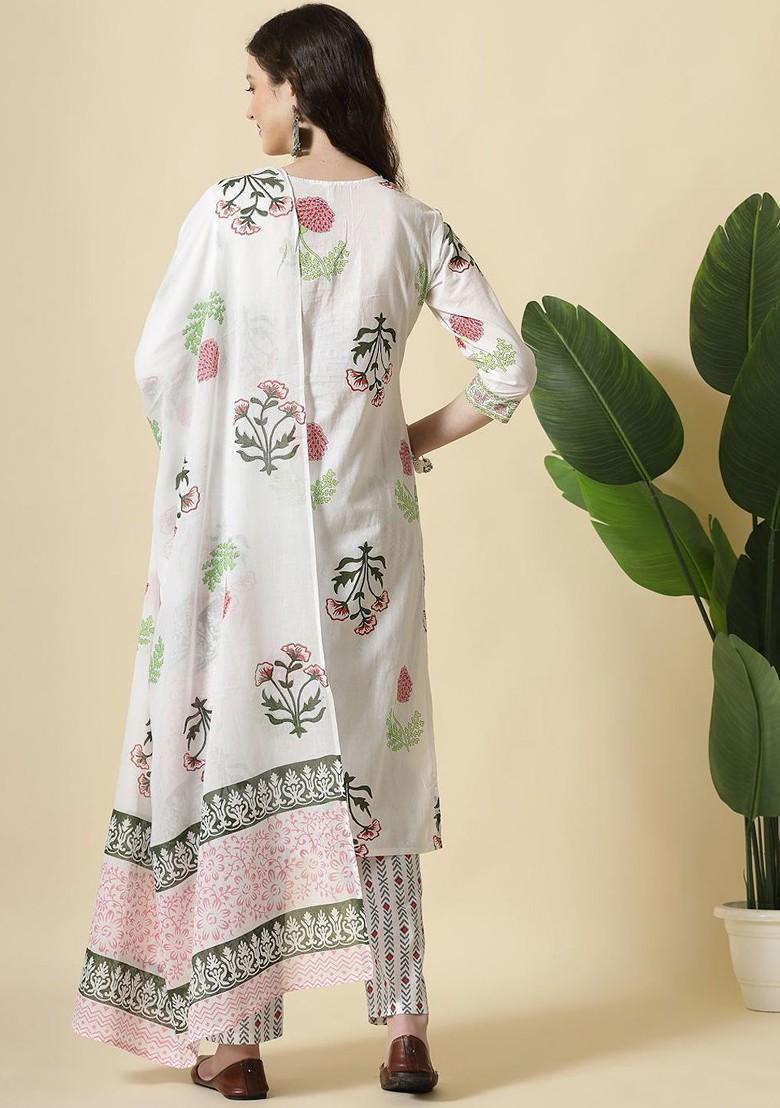 White Floral Print Cotton Kurta Set